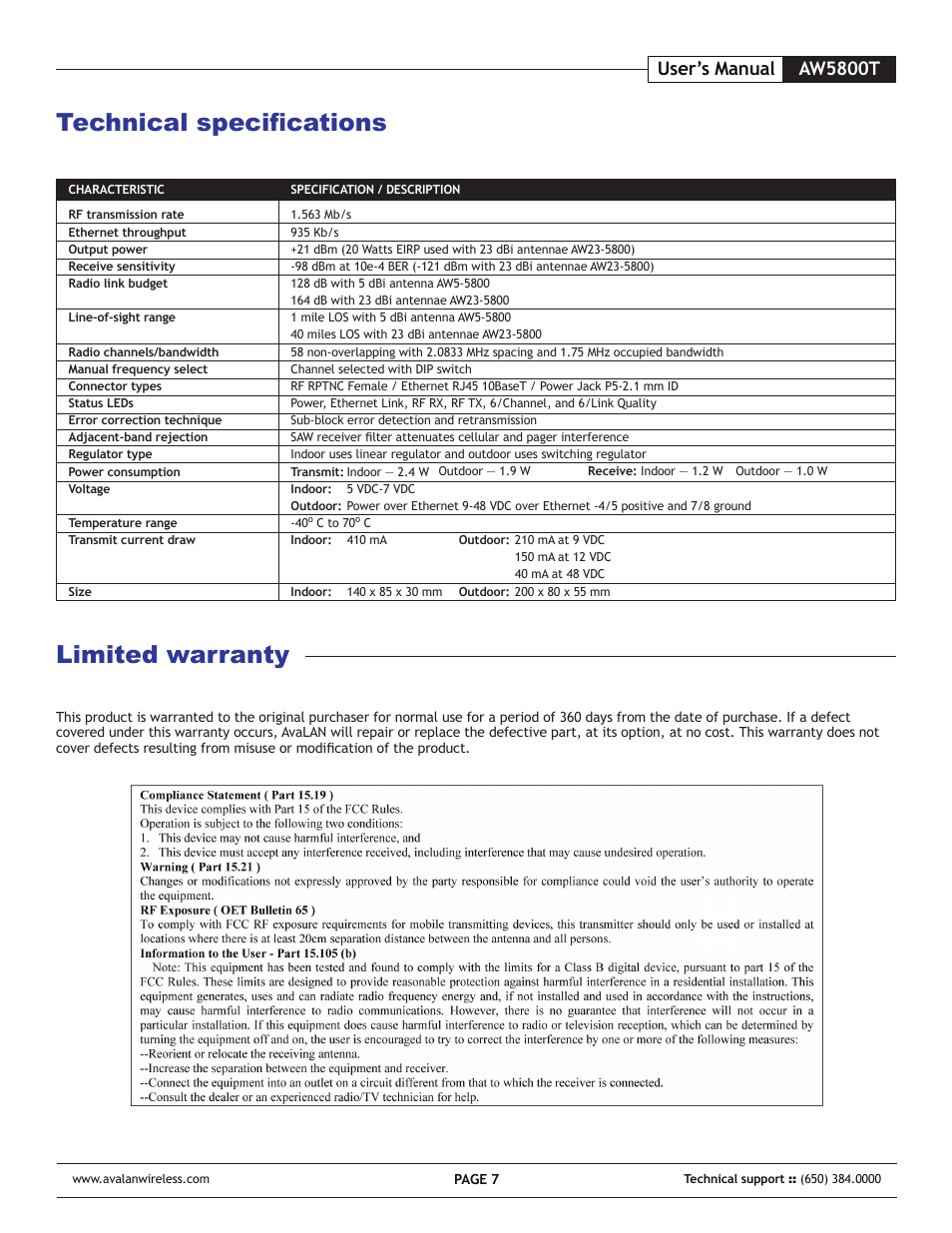 Technical specifications limited warranty, Aw5800t user’s manual | AvaLAN Wireless AW-5800T User Manual | Page 7 / 8