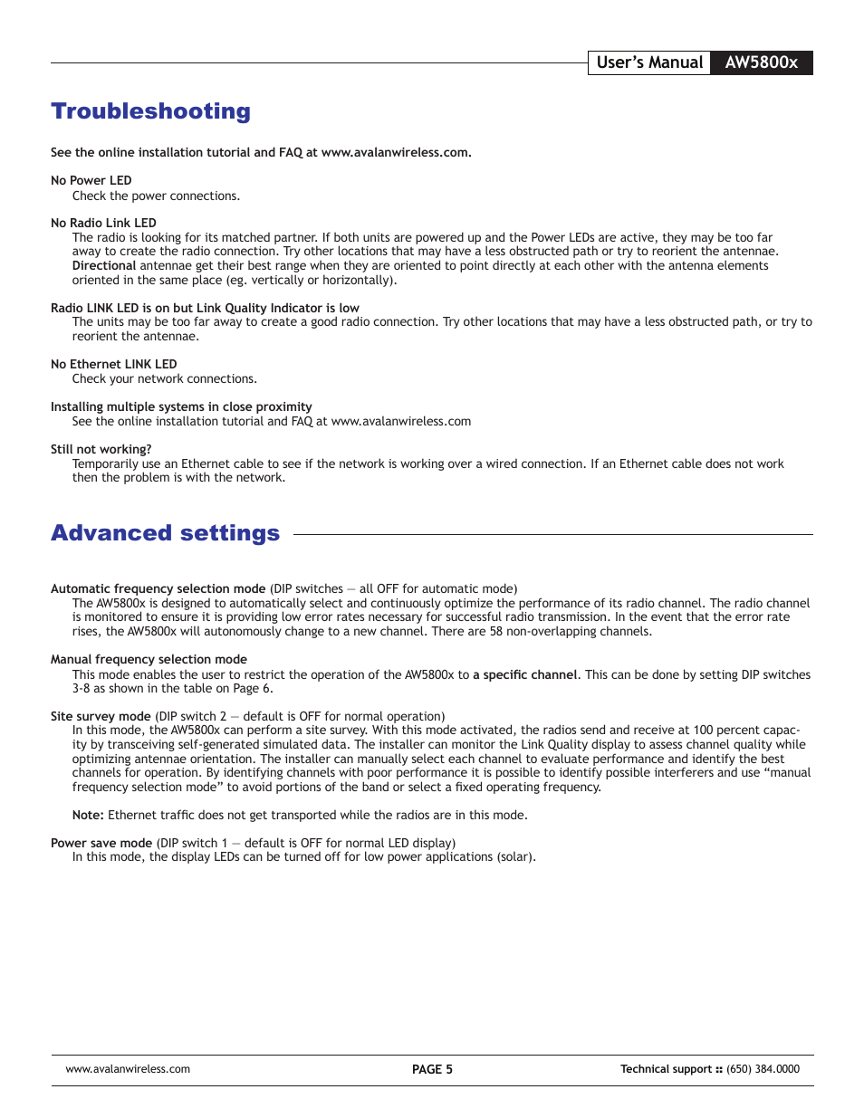 Troubleshooting, Advanced settings, Aw5800x user’s manual | AvaLAN Wireless AW-5800x User Manual | Page 5 / 8