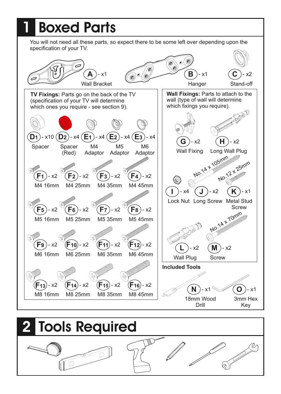 Boxed parts, Tools required, Gh i | Jk l | AVF Group ZML2400: Flat TV Mount for ANY WALL User Manual | Page 2 / 8