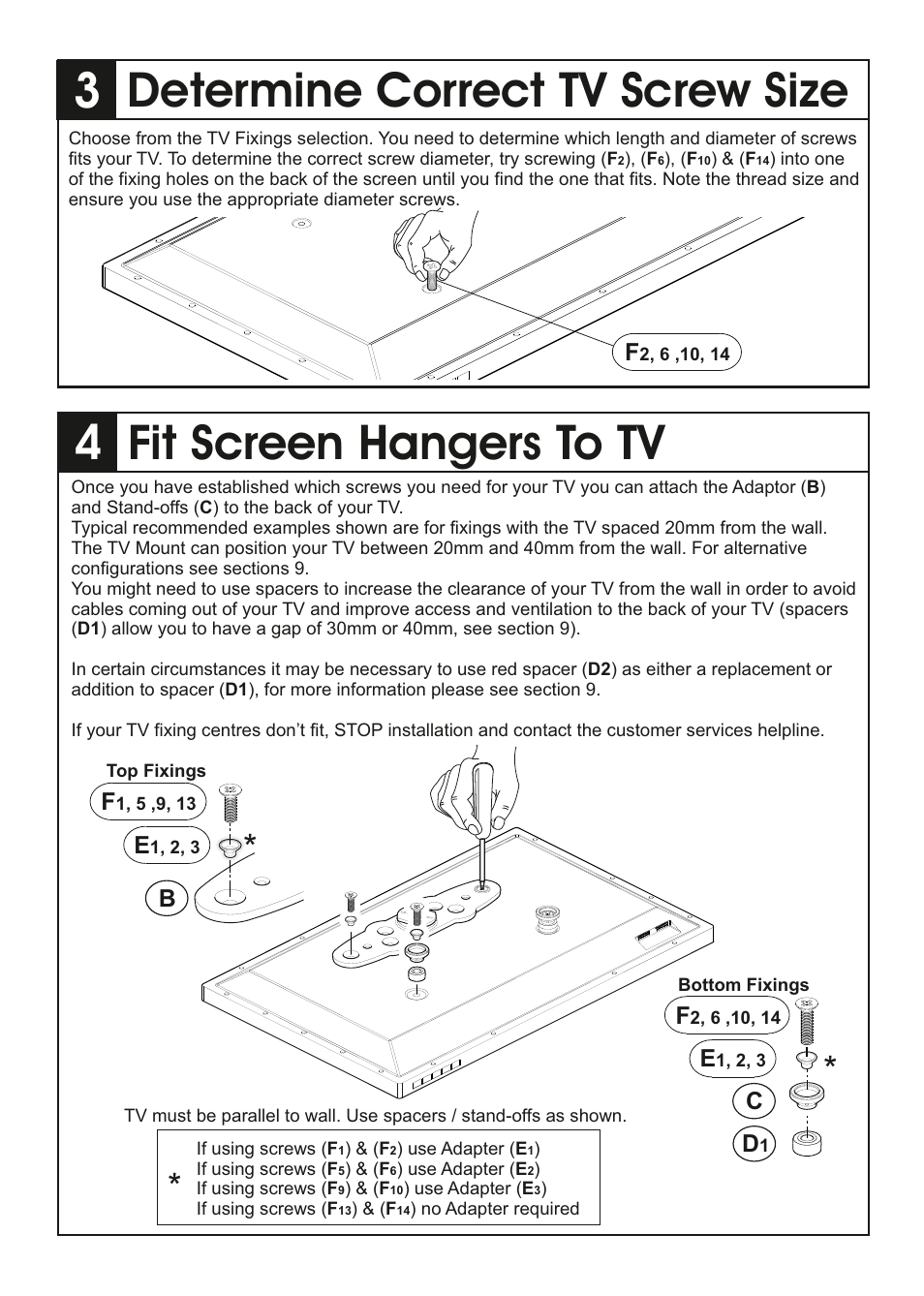 Determine correct tv screw size, Fit screen hangers to tv | AVF Group ZML2400: Flat TV Mount for ANY WALL User Manual | Page 3 / 8