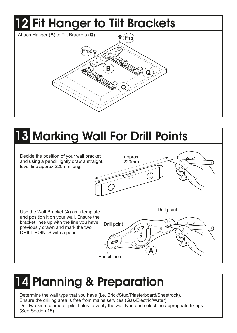 Planning & preparation, Fit hanger to tilt brackets, Marking wall for drill points | AVF Group ZML2401: Flat & Tilt TV Mount for ANY WALL User Manual | Page 11 / 16