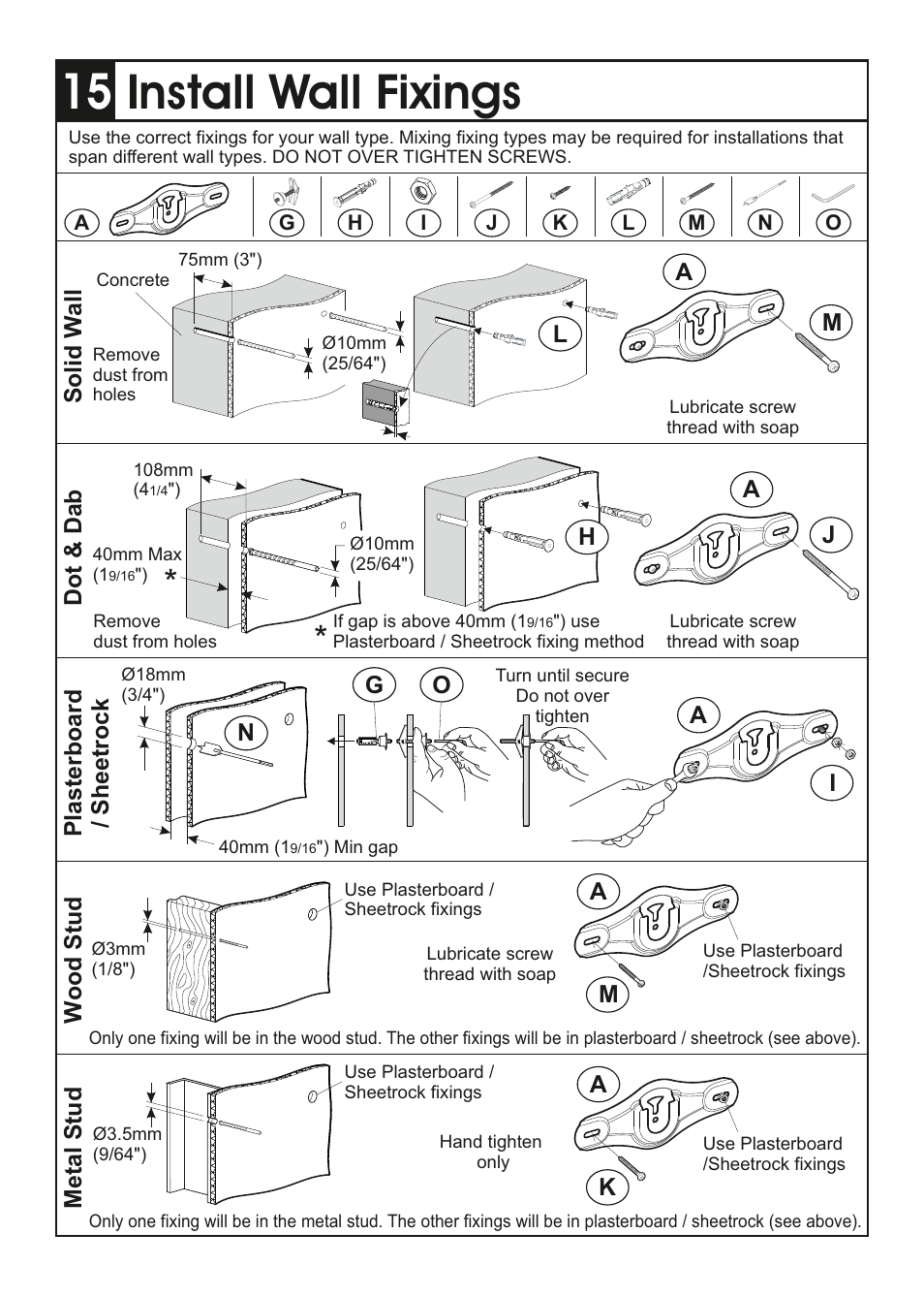 Install wall fixings | AVF Group ZML2401: Flat & Tilt TV Mount for ANY WALL User Manual | Page 12 / 16