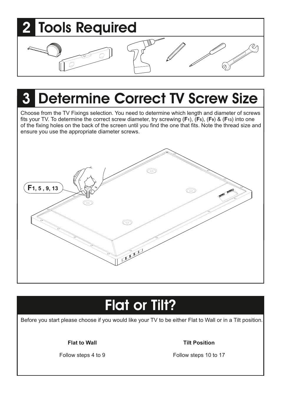 Tools required, Determine correct tv screw size, Flat or tilt | AVF Group ZML2401: Flat & Tilt TV Mount for ANY WALL User Manual | Page 3 / 16