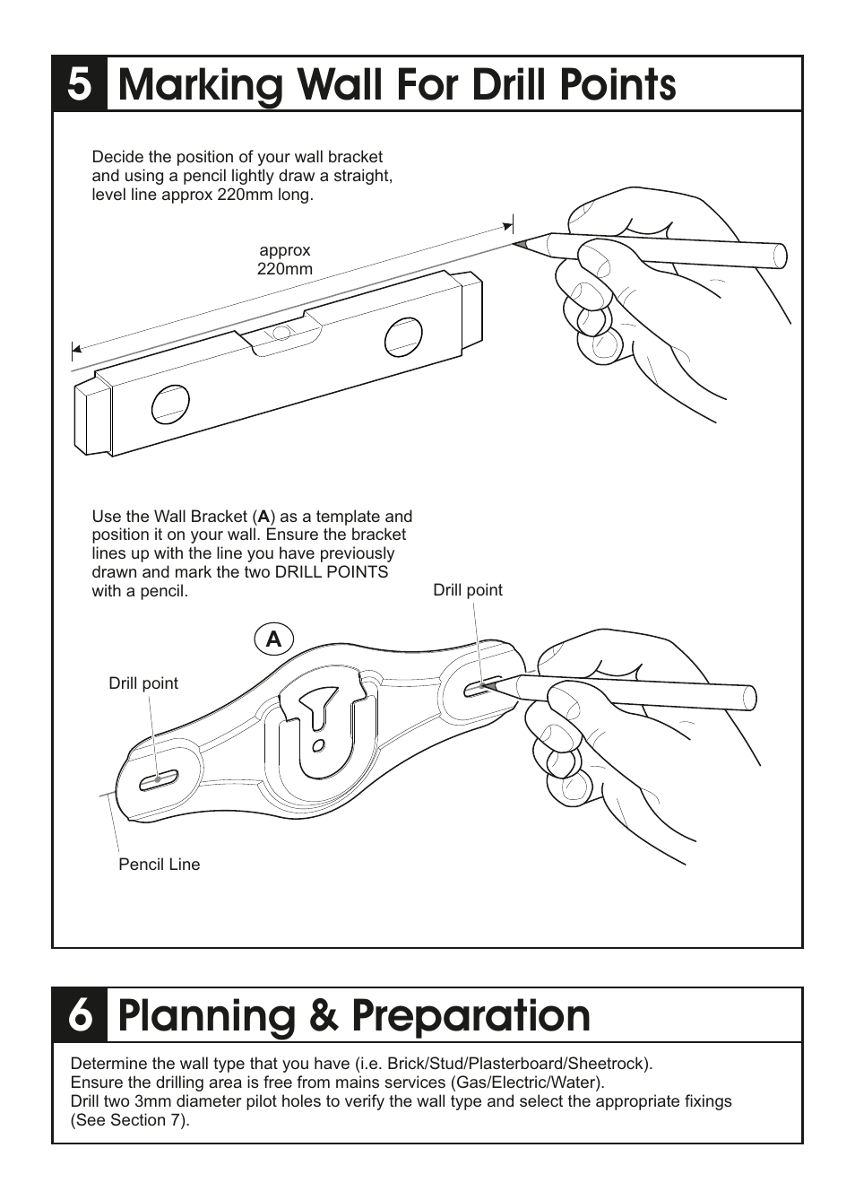 Marking wall for drill points, Planning & preparation | AVF Group ZML2401: Flat & Tilt TV Mount for ANY WALL User Manual | Page 5 / 16