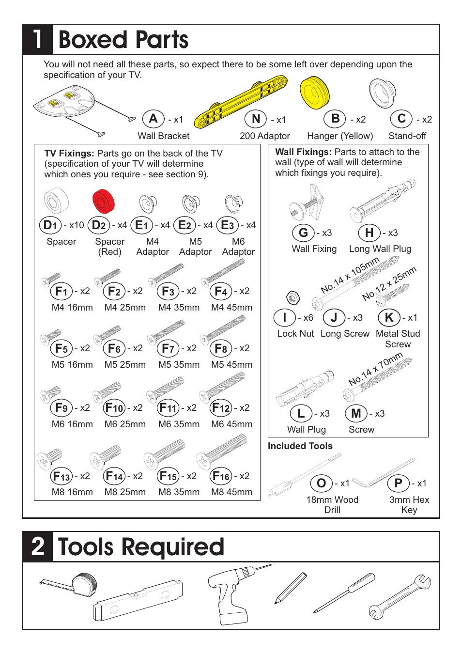 Boxed parts, Tools required, Gh i | Jk l | AVF Group ZML2500: Unimax Any Wall TV Mount User Manual | Page 2 / 8