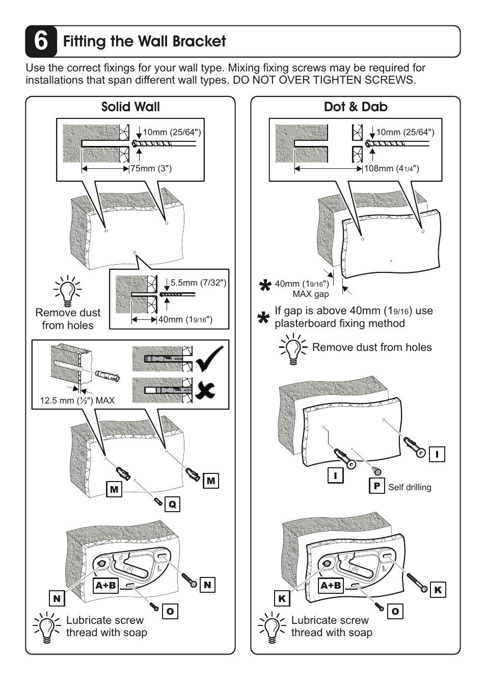 Fitting the wall bracket, Solid wall, Dot & dab | AVF Group ZML8350: Flat TV Wall Mount User Manual | Page 12 / 16