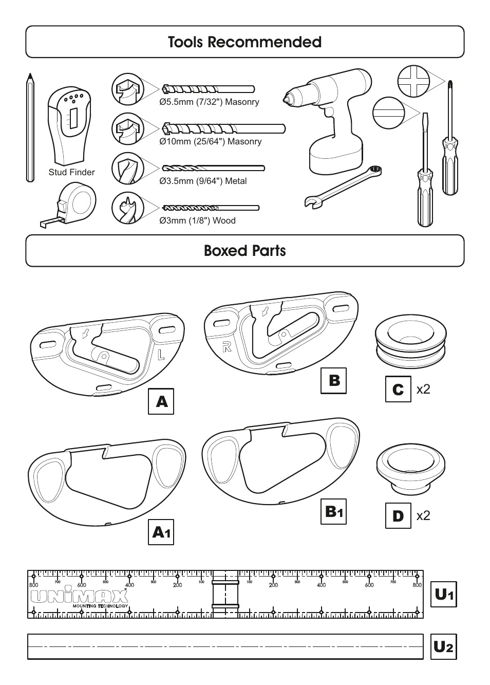 Boxed parts tools recommended | AVF Group ZML8350: Flat TV Wall Mount User Manual | Page 4 / 16
