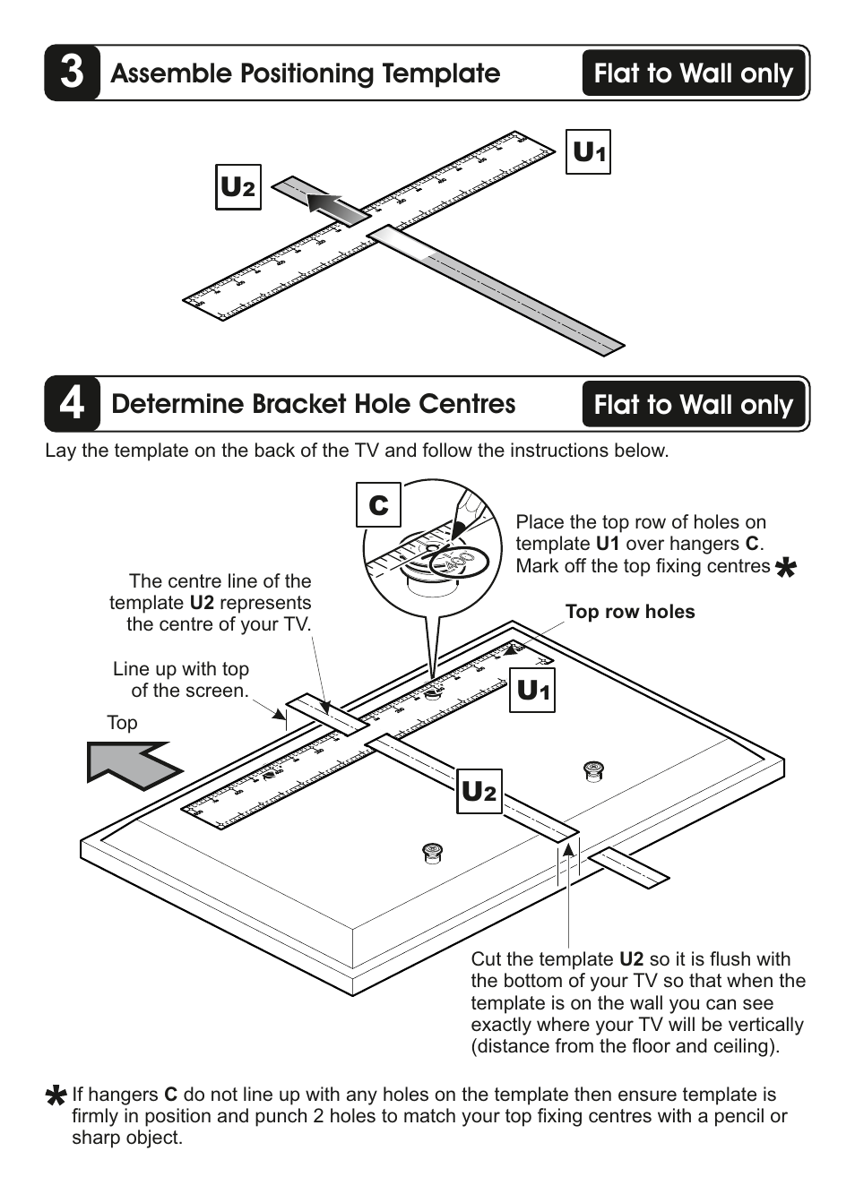 Assemble positioning template, Determine bracket hole centres, Flat to wall only | AVF Group ZML8351: Flat & Tilt TV Mount for ANY WALL User Manual | Page 10 / 26