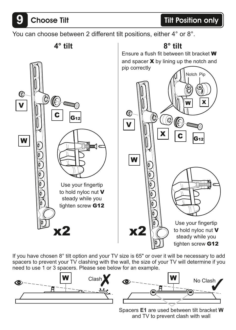 Choose tilt, 4 tilt ° 8 tilt, Tilt position only | AVF Group ZML8351: Flat & Tilt TV Mount for ANY WALL User Manual | Page 16 / 26