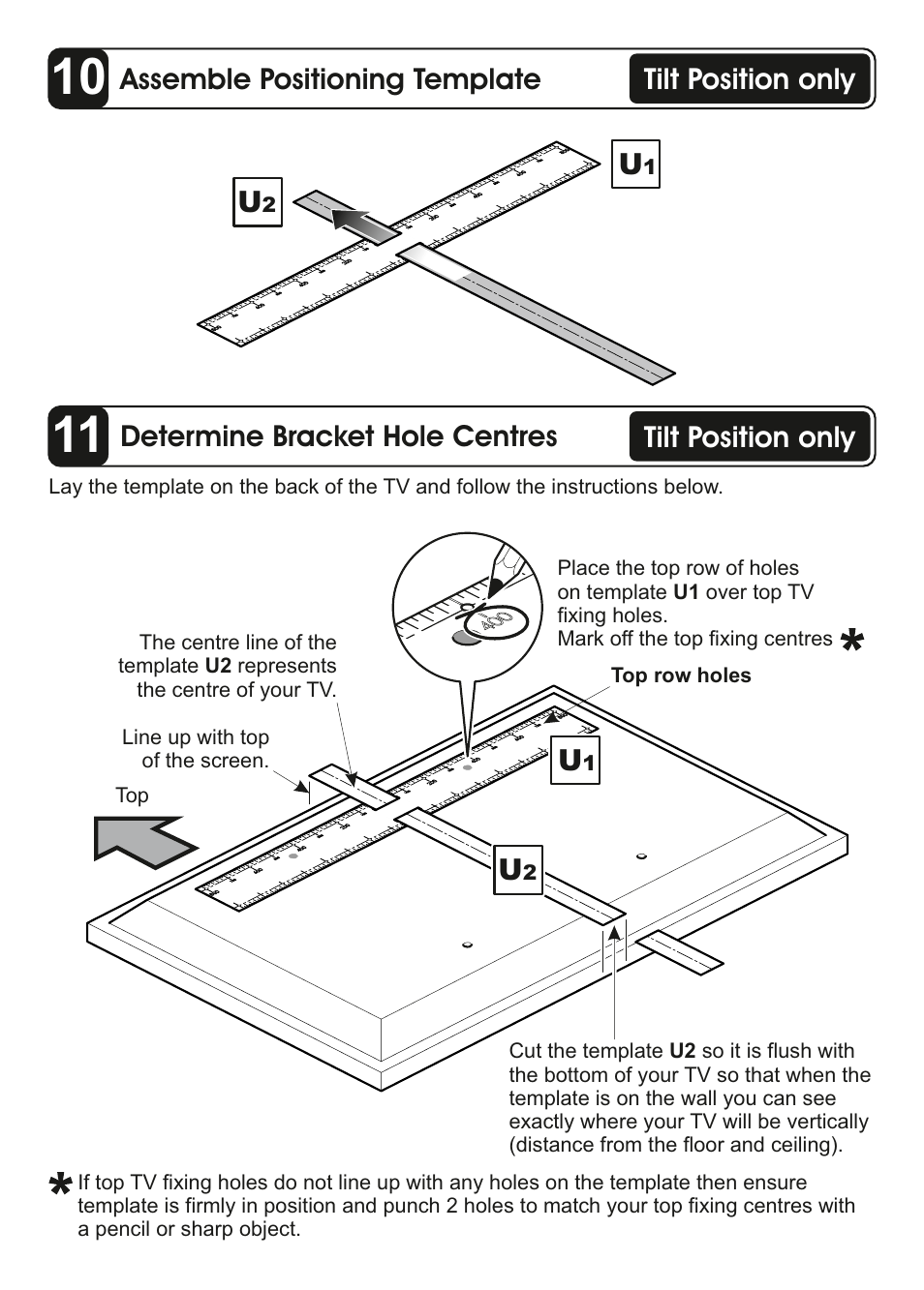 Assemble positioning template, Determine bracket hole centres, Tilt position only | AVF Group ZML8351: Flat & Tilt TV Mount for ANY WALL User Manual | Page 17 / 26