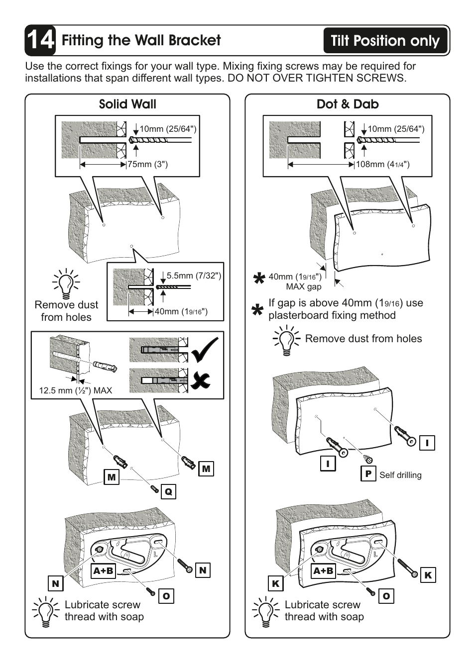 Fitting the wall bracket, Tilt position only, Solid wall | Dot & dab | AVF Group ZML8351: Flat & Tilt TV Mount for ANY WALL User Manual | Page 22 / 26