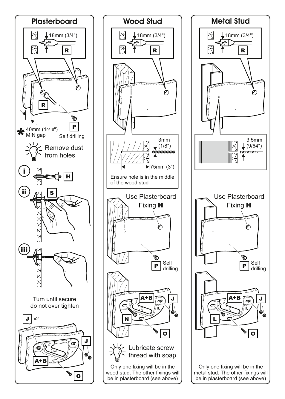 Plasterboard wood stud metal stud | AVF Group ZML8351: Flat & Tilt TV Mount for ANY WALL User Manual | Page 23 / 26