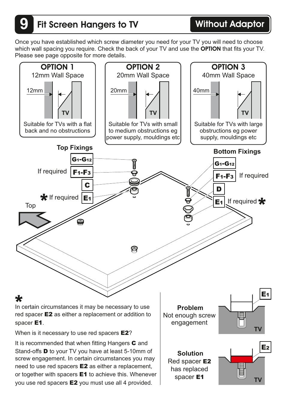 Fit screen hangers to tv, Without adaptor, Option 1 | Option 2, Option 3 | AVF Group ZML8360: Flat TV Wall Mount User Manual | Page 16 / 24