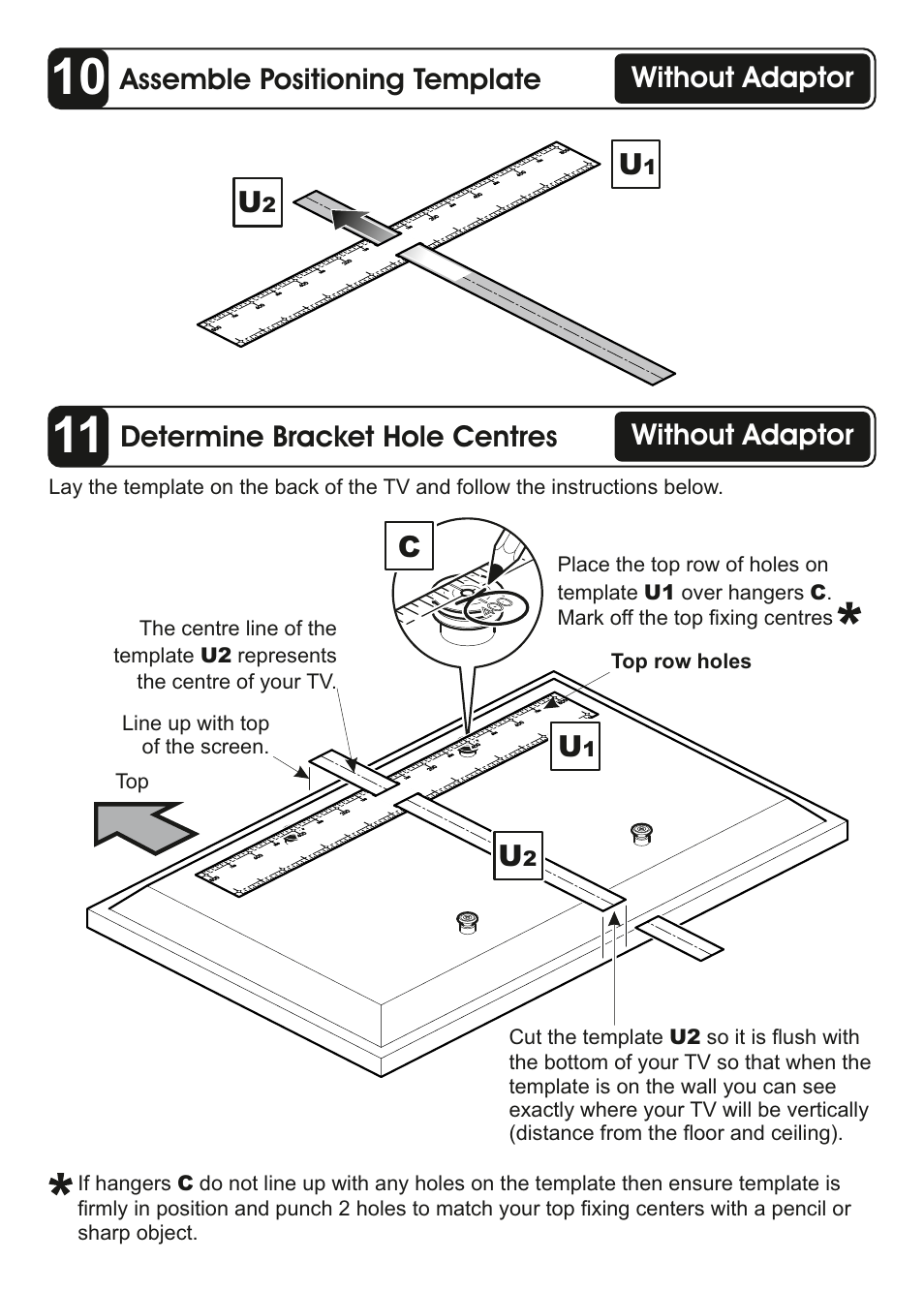 Assemble positioning template, Determine bracket hole centres, Without adaptor | AVF Group ZML8360: Flat TV Wall Mount User Manual | Page 18 / 24