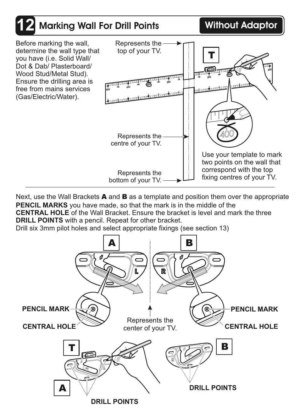 Marking wall for drill points, Ab a, Without adaptor | AVF Group ZML8360: Flat TV Wall Mount User Manual | Page 19 / 24