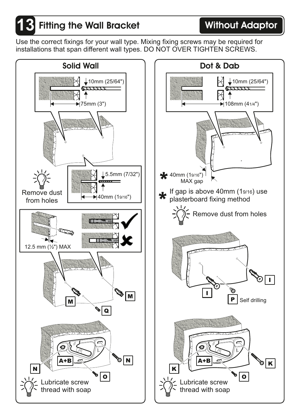 Fitting the wall bracket, Without adaptor, Solid wall | Dot & dab | AVF Group ZML8360: Flat TV Wall Mount User Manual | Page 20 / 24