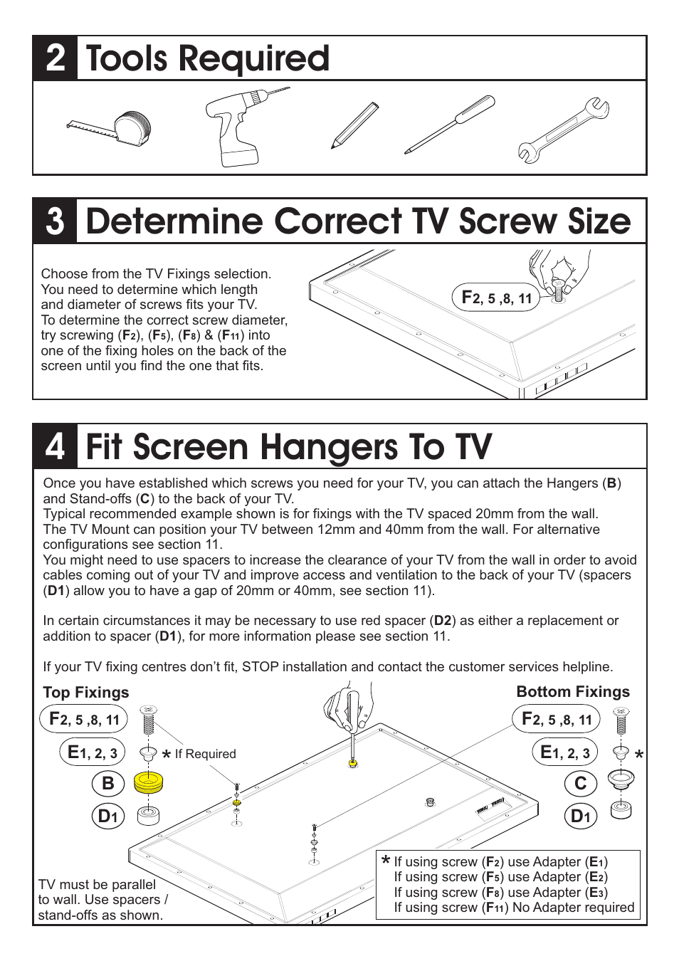 Tools required, Determine correct tv screw size, Fit screen hangers to tv | AVF Group ZML8500: Unimax Any Wall TV Mount User Manual | Page 3 / 8