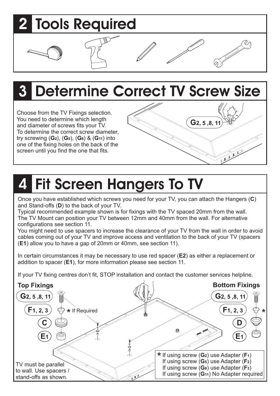 Tools required, Determine correct tv screw size, Fit screen hangers to tv | AVF Group ZML8400: Flat TV Mount for ANY WALL User Manual | Page 3 / 8