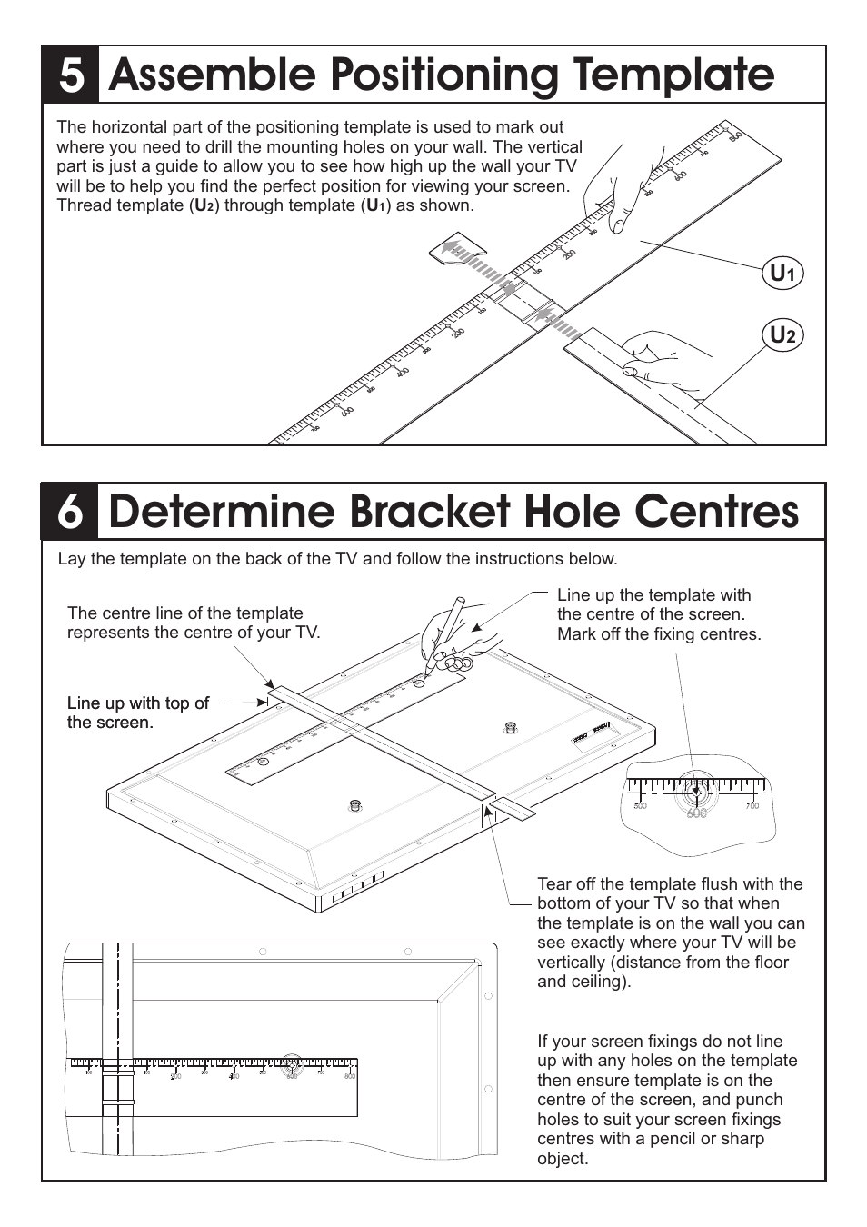Assemble positioning template, Determine bracket hole centres | AVF Group ZML8400: Flat TV Mount for ANY WALL User Manual | Page 4 / 8