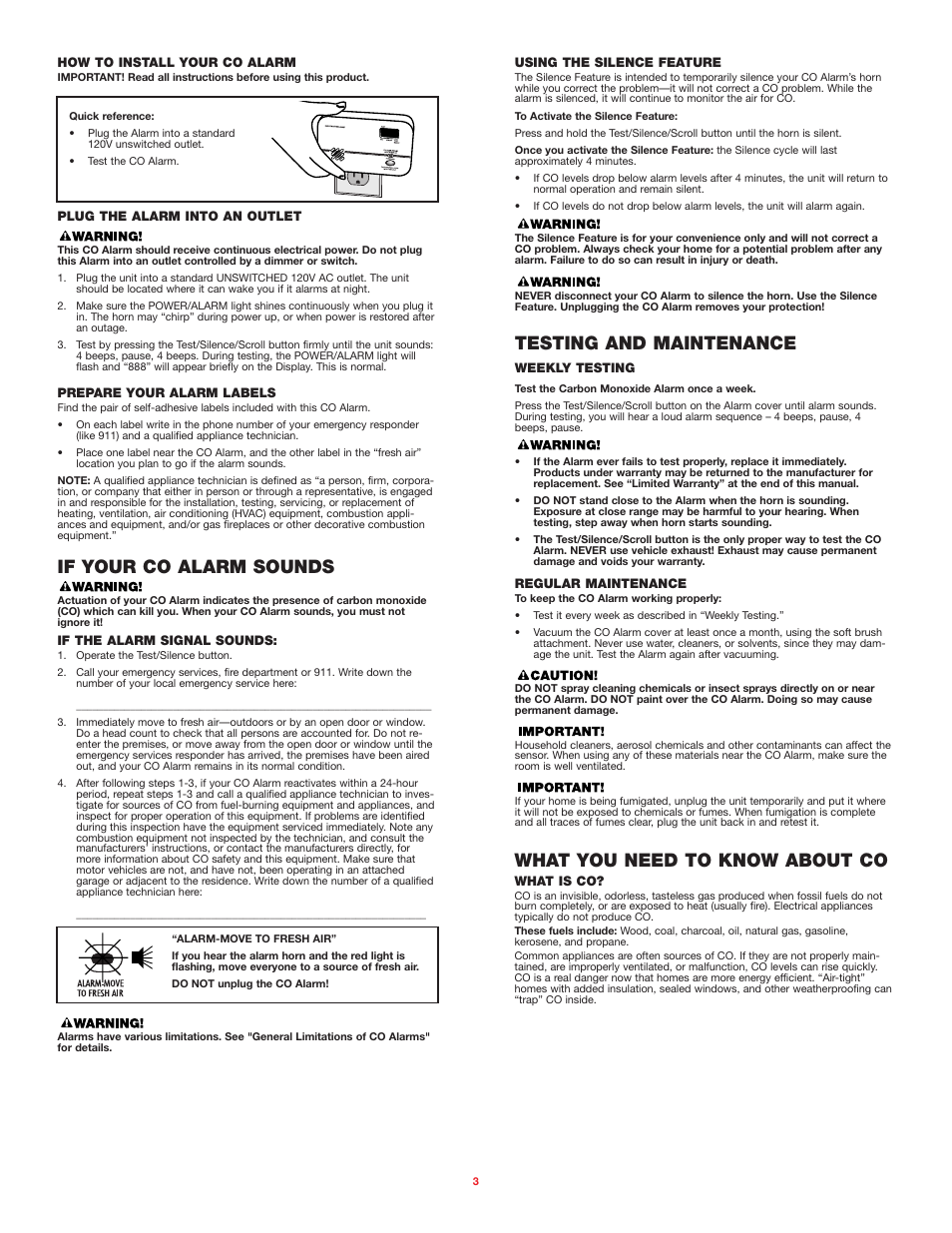 If your co alarm sounds, Testing and maintenance, What you need to know about co | BRK electronic FCD2DDNP User Manual | Page 3 / 5