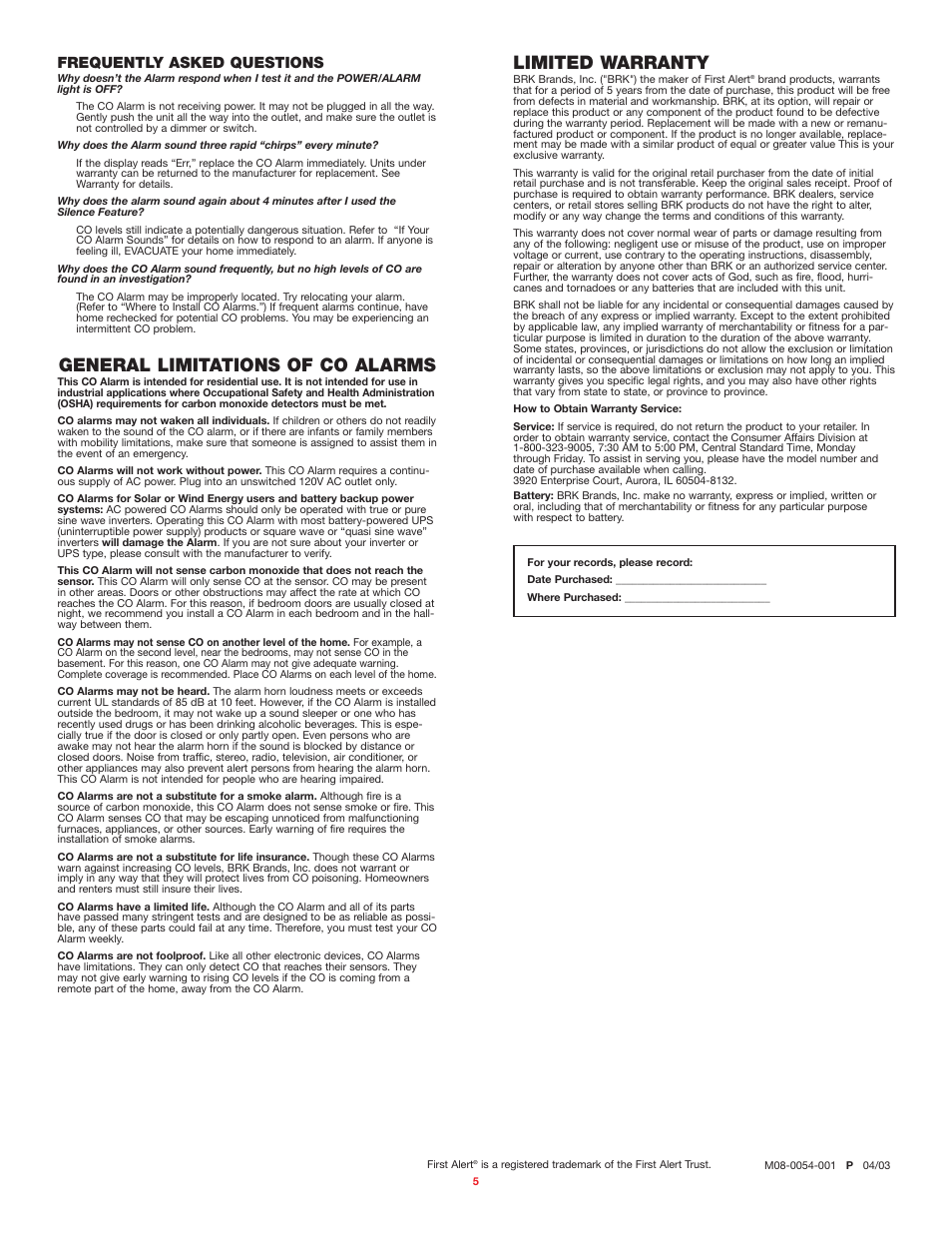 General limitations of co alarms, Limited warranty, Frequently asked questions | BRK electronic FCD2DDNP User Manual | Page 5 / 5