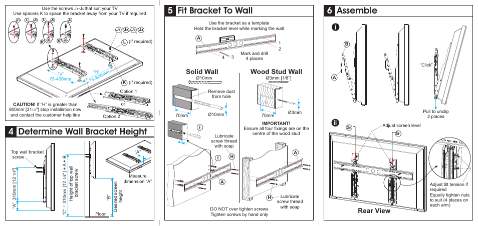 5fit bracket to wall, 6assemble, 4determine wall bracket height | Solid wall wood stud wall, Rear view | AVF Group ZL8601: Super-Slim LED/LCD TV Mount User Manual | Page 2 / 2