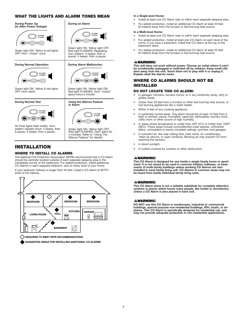 Installation, What the lights and alarm tones mean, Where co alarms should not be installed | BRK electronic FCD2N User Manual | Page 2 / 6