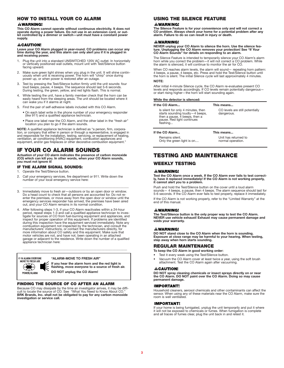 If your co alarm sounds, Testing and maintenance, How to install your co alarm | Weekly testing, Regular maintenance, Using the silence feature | BRK electronic FCD2N User Manual | Page 3 / 6