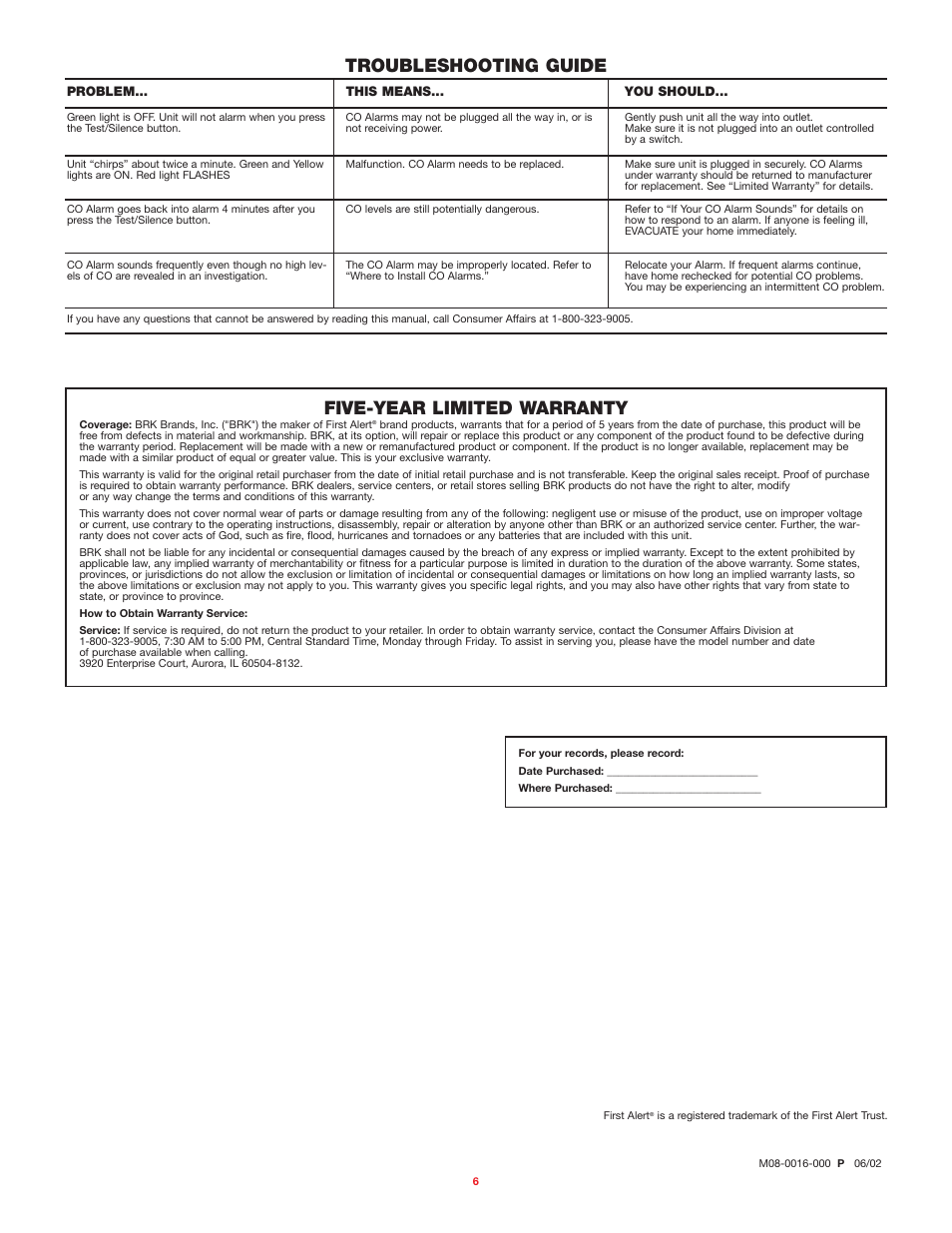 Five-year limited warranty, Troubleshooting guide | BRK electronic FCD2N User Manual | Page 6 / 6