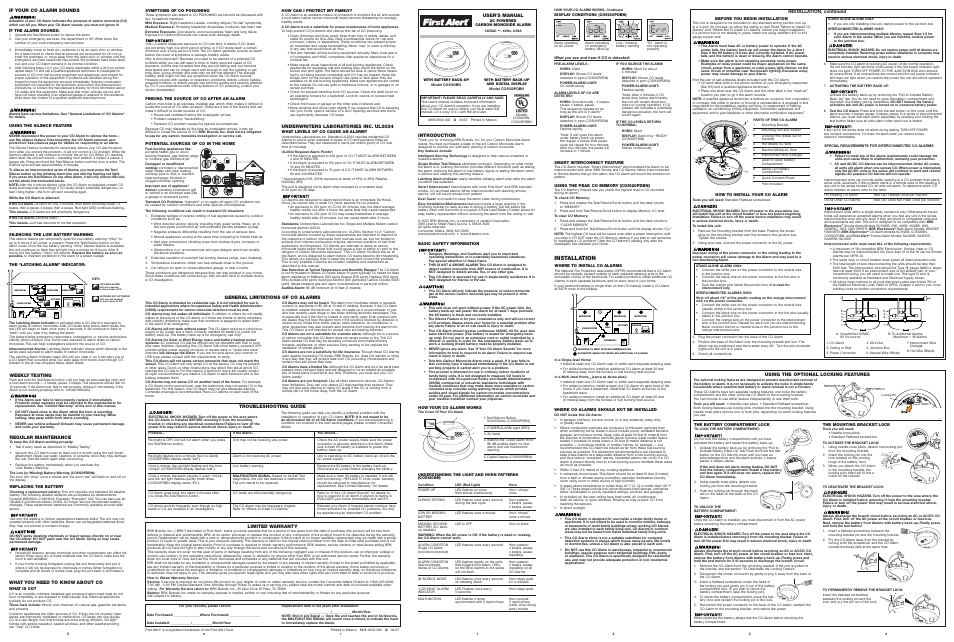 BRK electronic Carbon Monoxide Alarm C05120BN User Manual | 1 page