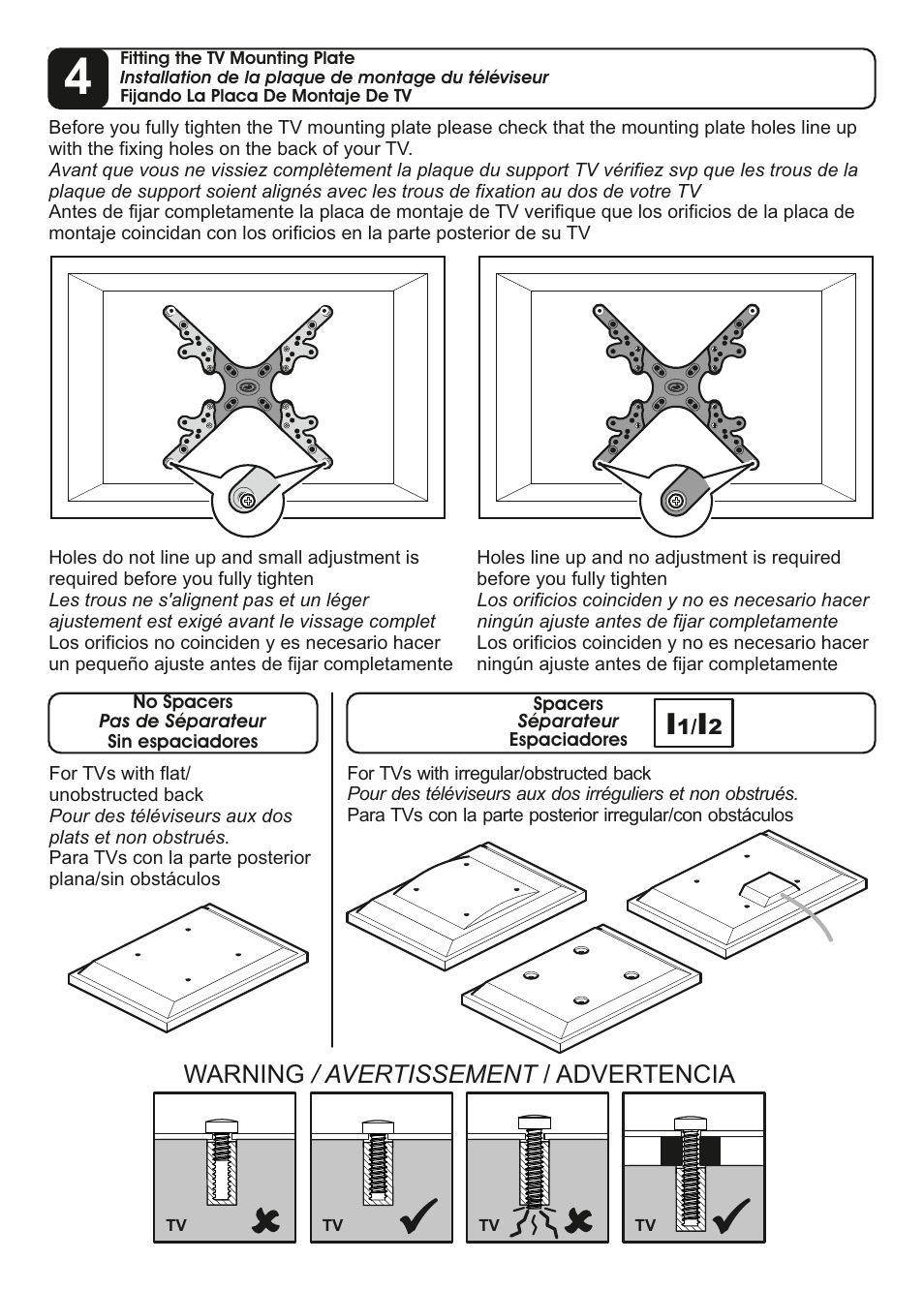 Warning / avertissement / advertencia | AVF Group ZNL454: TV Wall Mount User Manual | Page 10 / 16