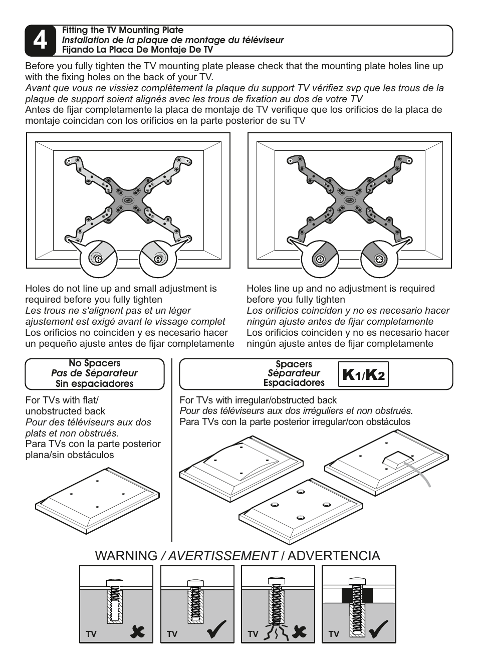 Warning / avertissement / advertencia | AVF Group ZNL655: TV Wall Mount User Manual | Page 10 / 16