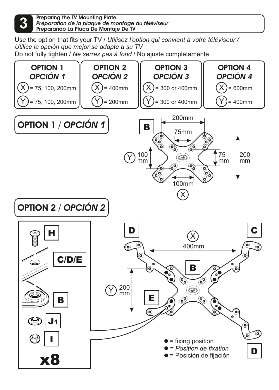 Bi j, Hb c/d/e, Dc d e | Option 1 / opción 1, Option 2 / opción 2 | AVF Group ZNL655: TV Wall Mount User Manual | Page 8 / 16