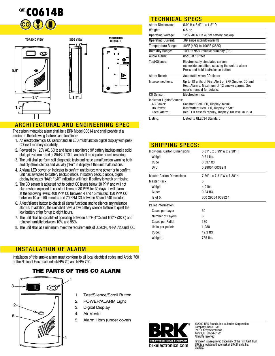 Co614b, The parts of this co alarm | BRK electronic CO614B User Manual | Page 2 / 2