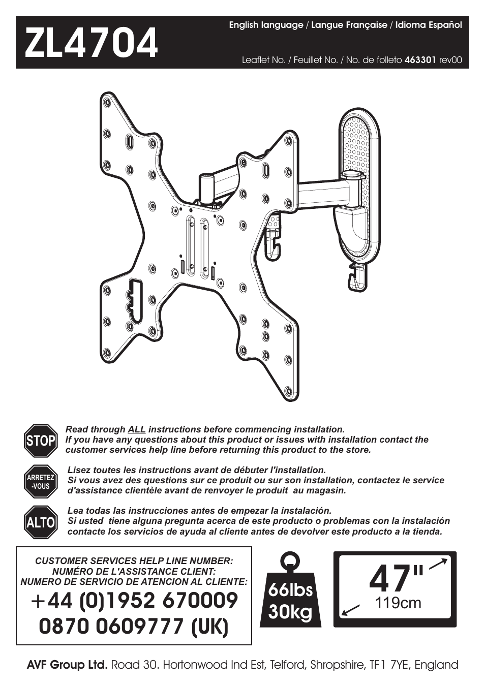 AVF Group ZL4704: LED/LCD TV Wall Mount User Manual | 12 pages