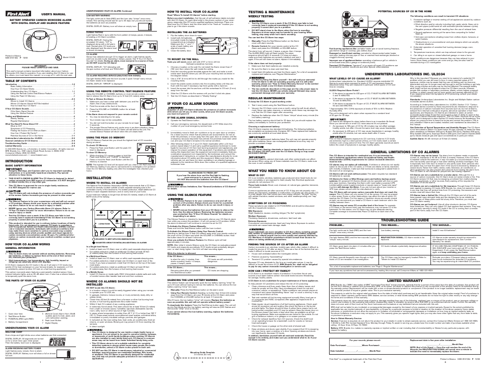 BRK electronic CO410 User Manual | 1 page