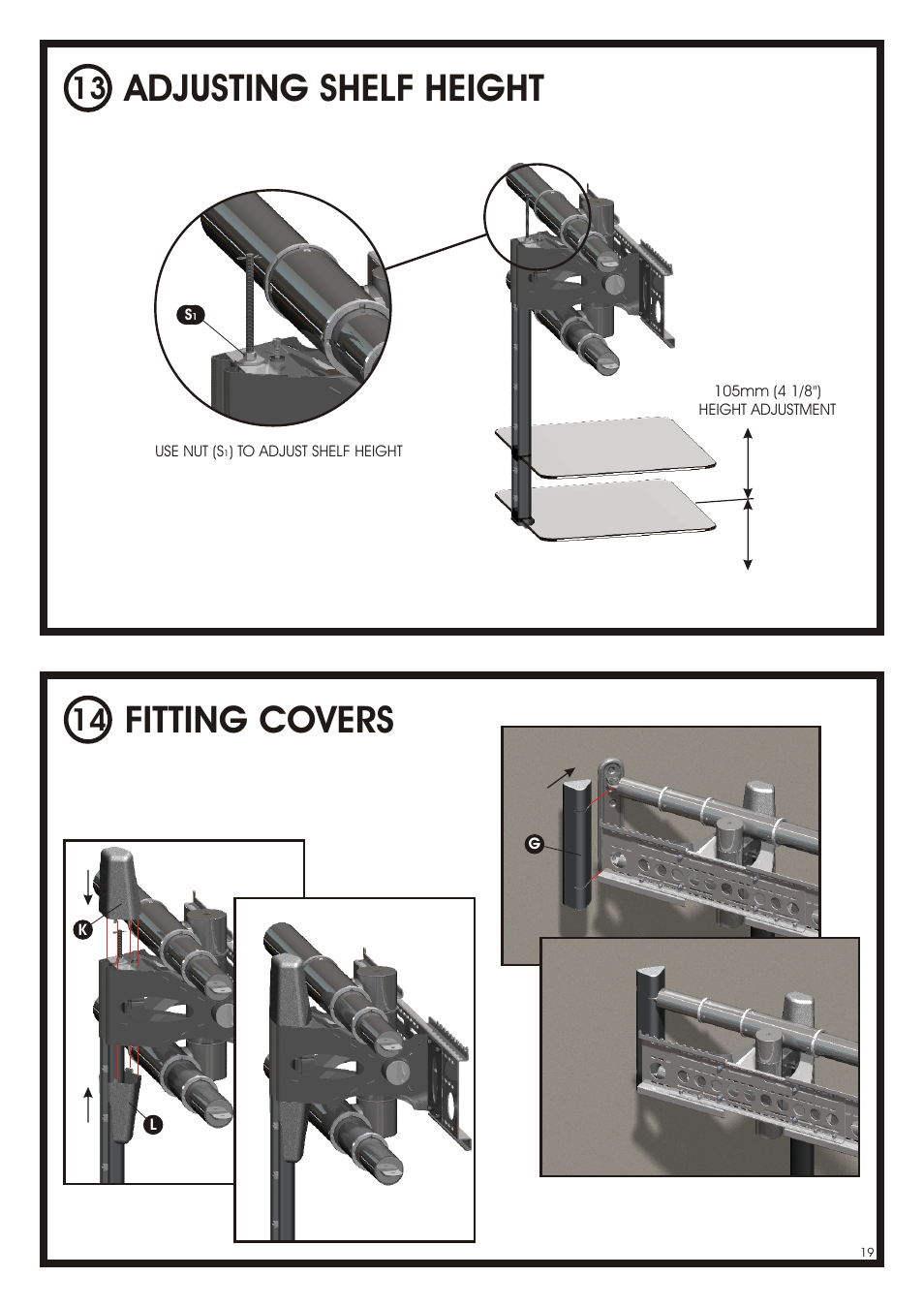 Fitting covers, Adjusting shelf height | AVF Group NXL4502PB: Cornermount User Manual | Page 19 / 24