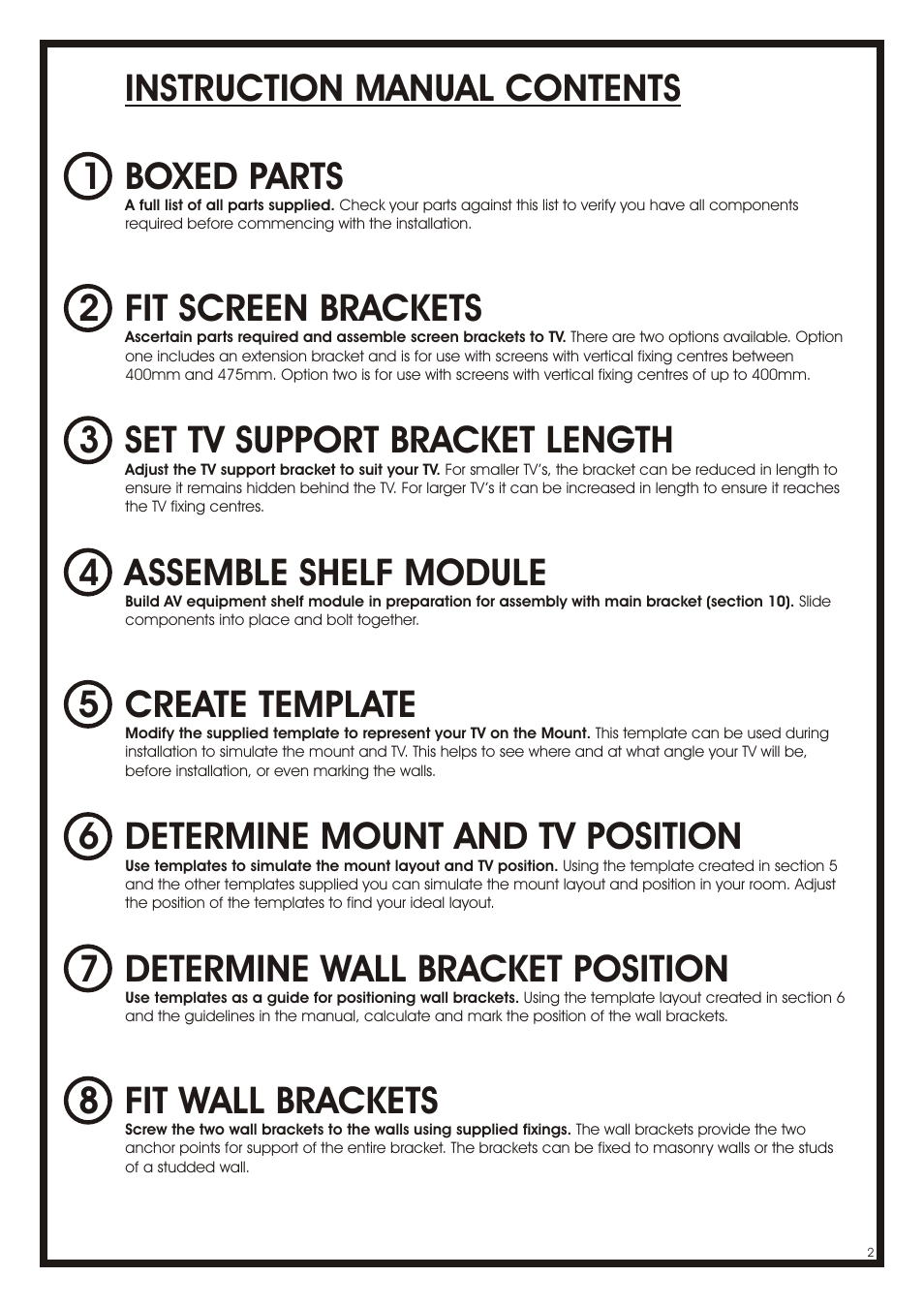 Determine mount and tv position 6, Instruction manual contents | AVF Group NXL4502PB: Cornermount User Manual | Page 2 / 24