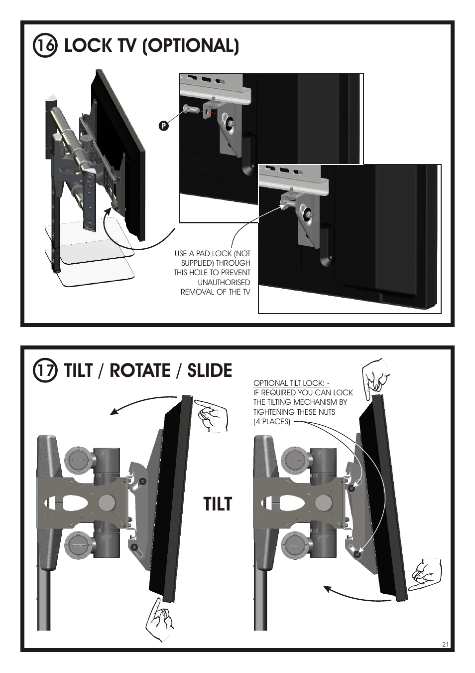 Lock tv (optional), Tilt / rotate / slide, Tilt | AVF Group NXL4502PB: Cornermount User Manual | Page 21 / 24