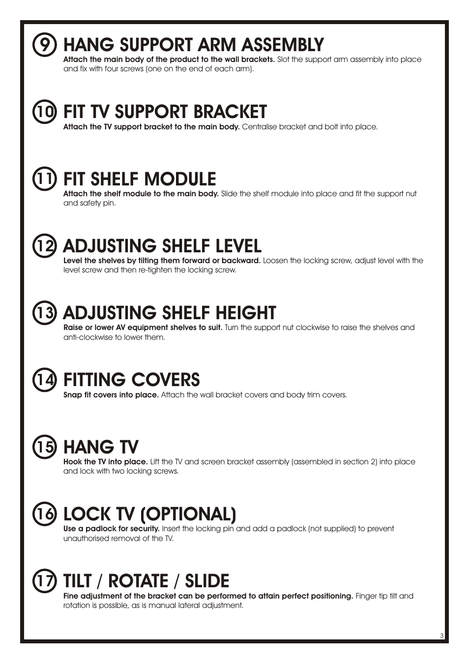 Fit shelf module, Adjusting shelf level, Adjusting shelf height | Fitting covers, Hang tv, Lock tv (optional), Tilt / rotate / slide, Fit tv support bracket, Hang support arm assembly 9 | AVF Group NXL4502PB: Cornermount User Manual | Page 3 / 24