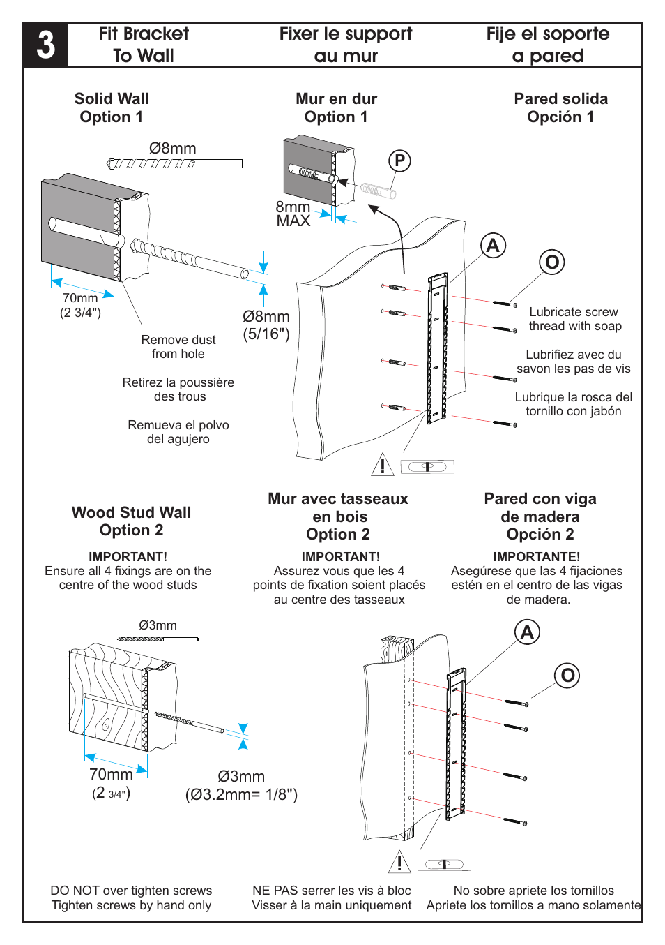 Fixer le support au mur, Fije el soporte a pared fit bracket to wall | AVF Group US963PB: Wall Mounted Glass Shelving System User Manual | Page 3 / 9