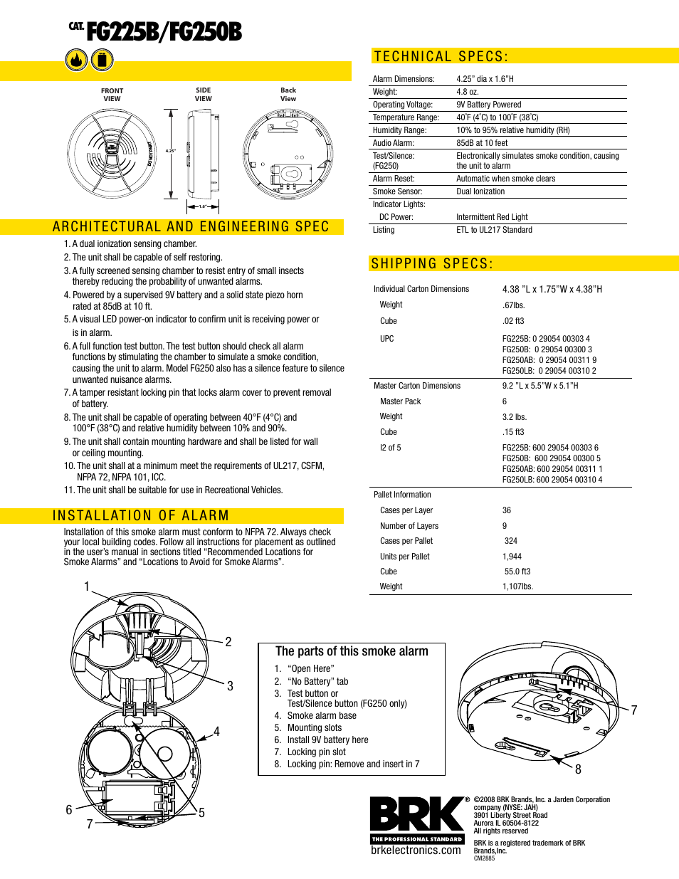 Architectural and engineering spec, The parts of this smoke alarm 7 | BRK electronic FG250B User Manual | Page 2 / 2