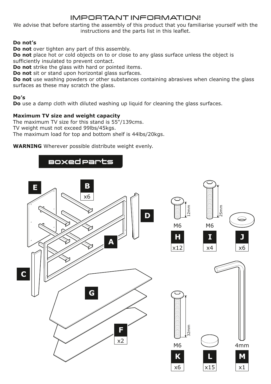 Important information, Boxed parts b, Ce a g f | AVF Group FS1050VIB: Vico User Manual | Page 2 / 4