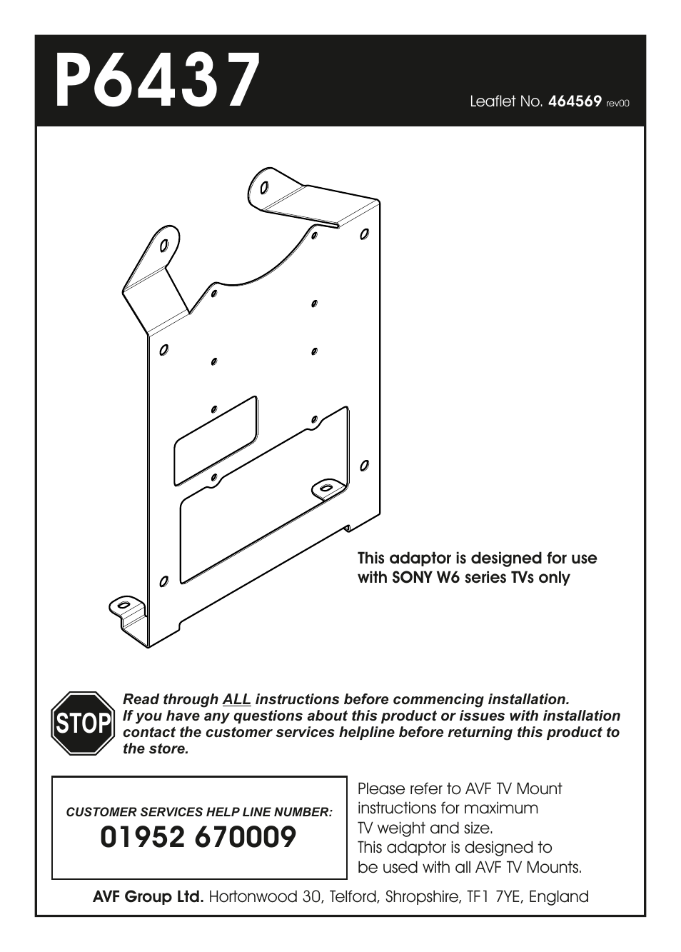AVF Group P6437: Sony W6 24" TVs Adapter Kit User Manual | 4 pages