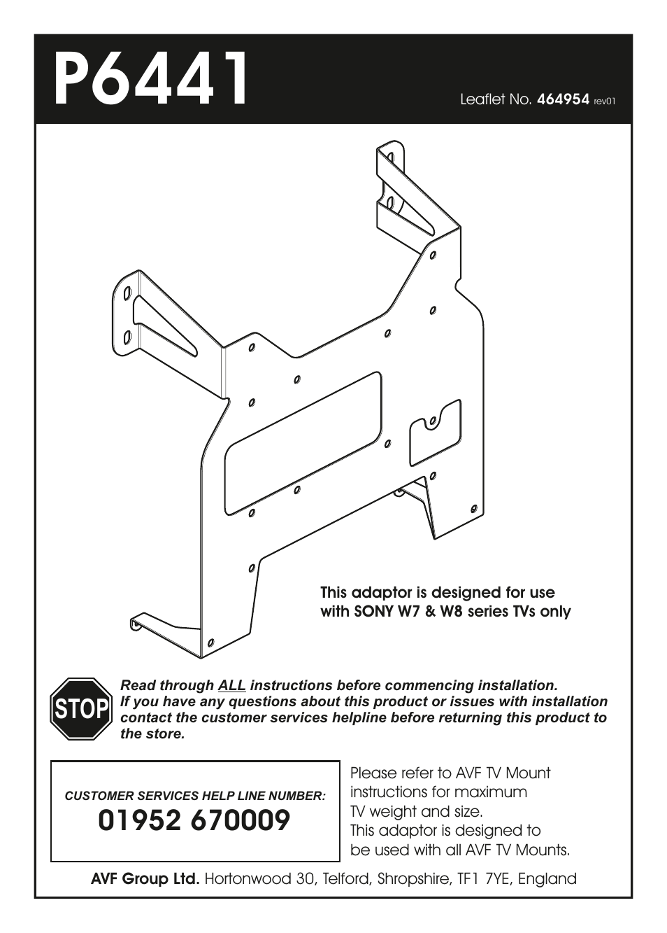 AVF Group P6441: Sony W7/W8 up to 50" TVs Adapter Kit User Manual | 4 pages