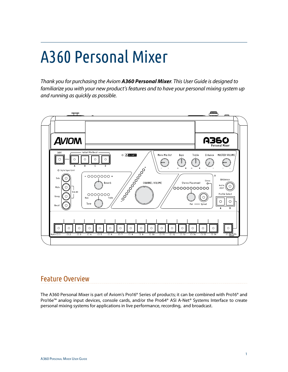 A360 personal mixer, Feature overview | Aviom A360 User Manual | Page 10 / 89