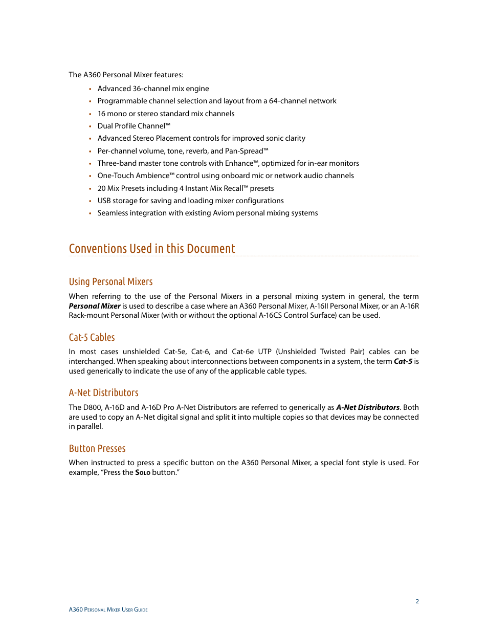Conventions used in this document, Using personal mixers, Cat-5 cables | A-net distributors, Button presses | Aviom A360 User Manual | Page 11 / 89