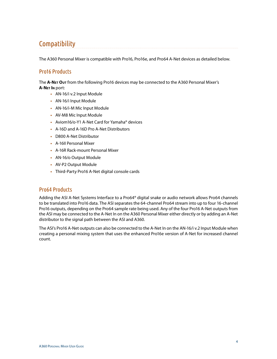 Compatibility, Pro16 products, Pro64 products | Pro16 products pro64 products | Aviom A360 User Manual | Page 13 / 89