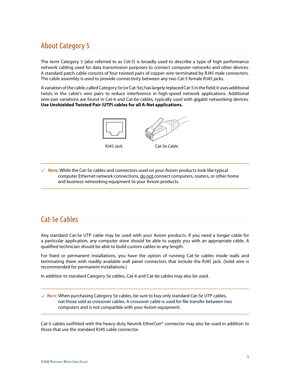 About category 5, Cat-5e cables, About category 5 cat-5e cables | Aviom A360 User Manual | Page 14 / 89