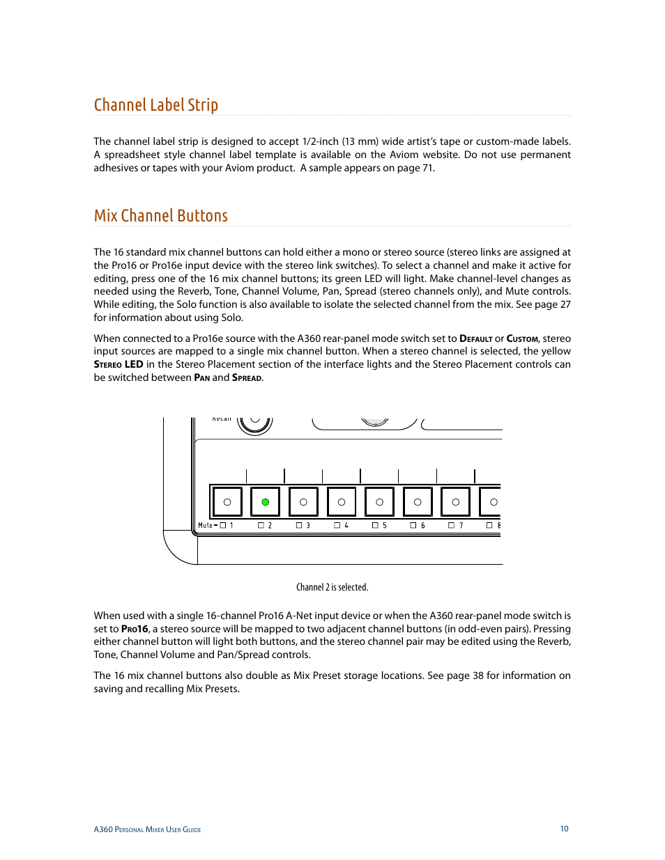 Channel label strip, Mix channel buttons, Channel label strip mix channel buttons | Aviom A360 User Manual | Page 19 / 89